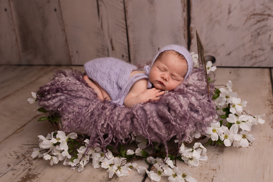 Lilac knitted lace wrap & bonnet