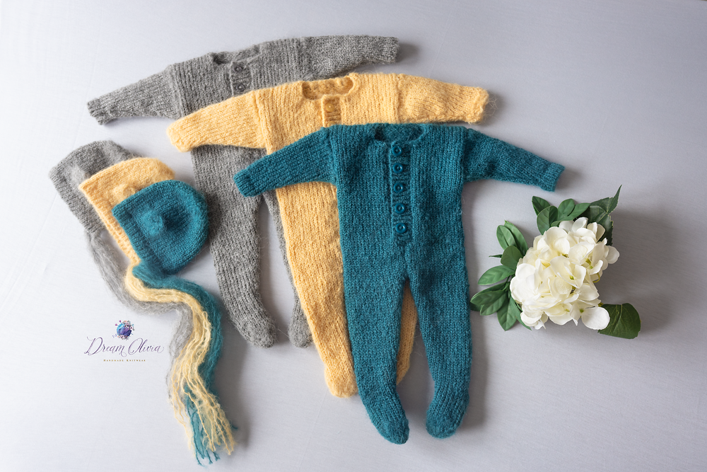 Newborn alpaca rompers with teddy bear bonnets